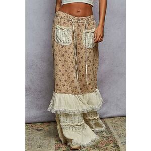 "Daphne" Double Gauze Floral Ruffle Wide Leg Pants Mocha
